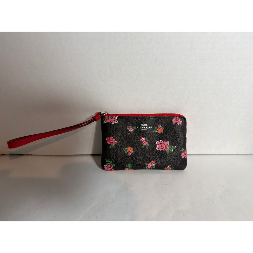 Coach Corner Zip Wristlet Signature Canvas Prairie Rose Print Brown Red F29524